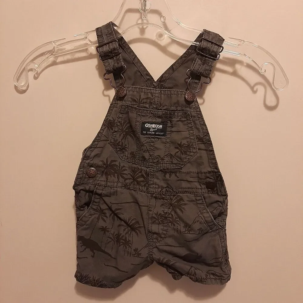 OshKosh B'Gosh 6M Bib Overall Shorts gray Dinosaurs/Palm Trees snap bottom
